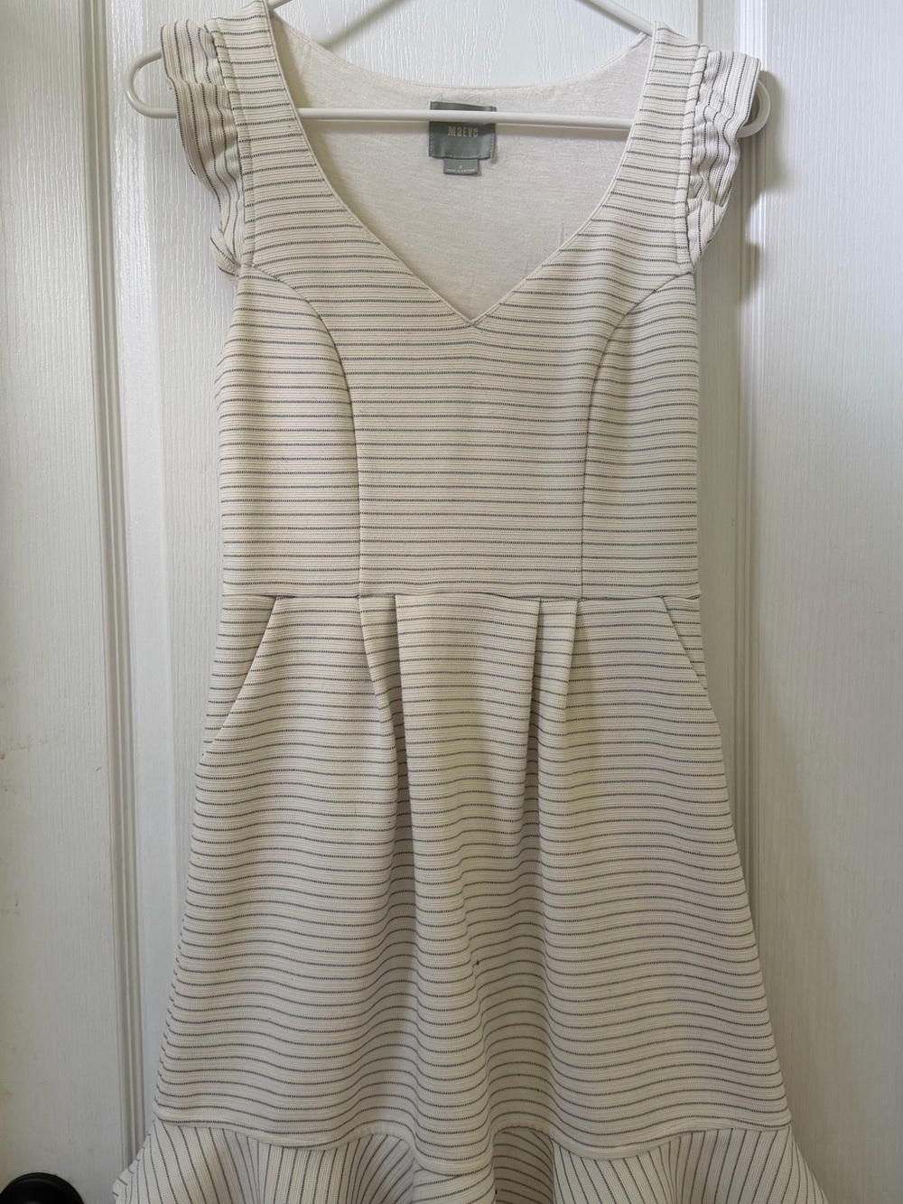 Maeve by Anthropologie Cream and Black Striped V-Neck Midi Dress